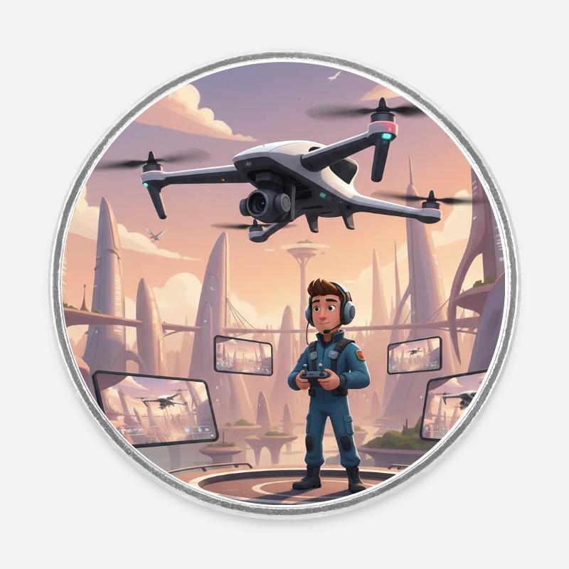 Pilote de drone à Neon Town - Magnet rond - blanc