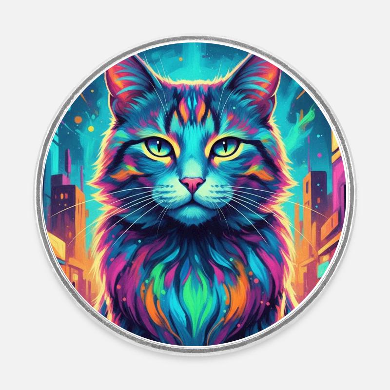 Chat néon - Magnet rond - blanc
