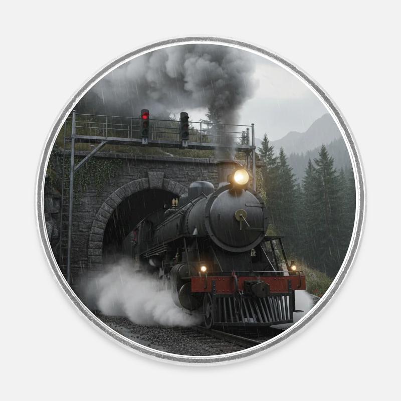 Train à vapeur à travers la forêt au tunnel - Magnet rond - blanc