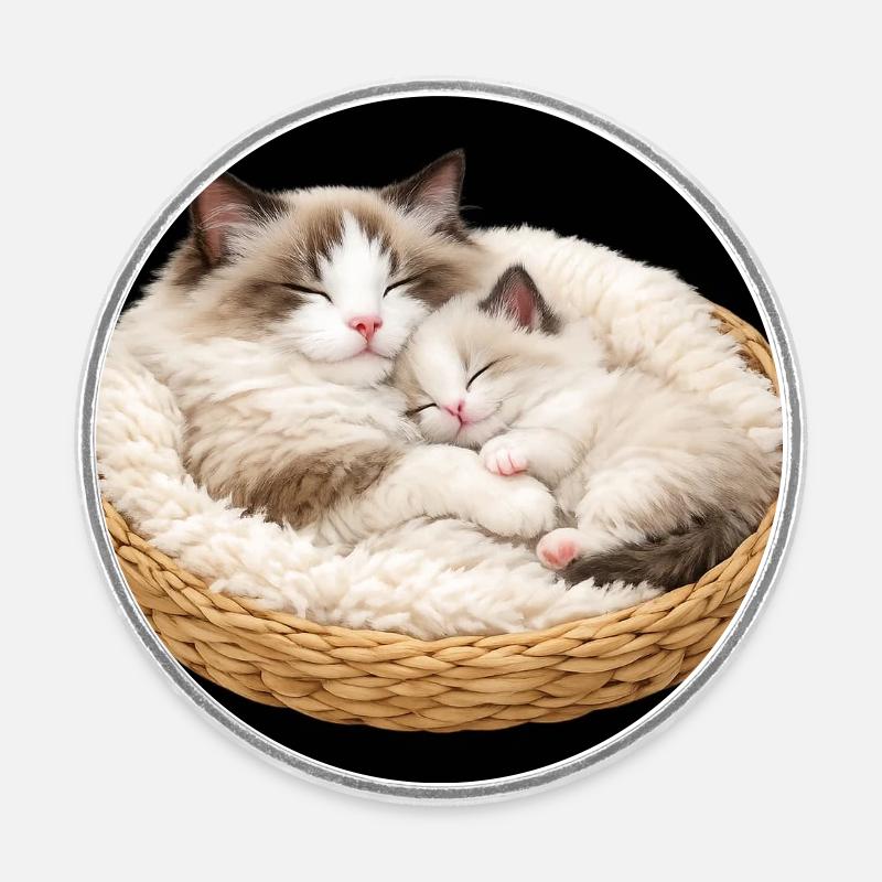 Maman chatte et son chaton dorment ensemble - Magnet rond - blanc