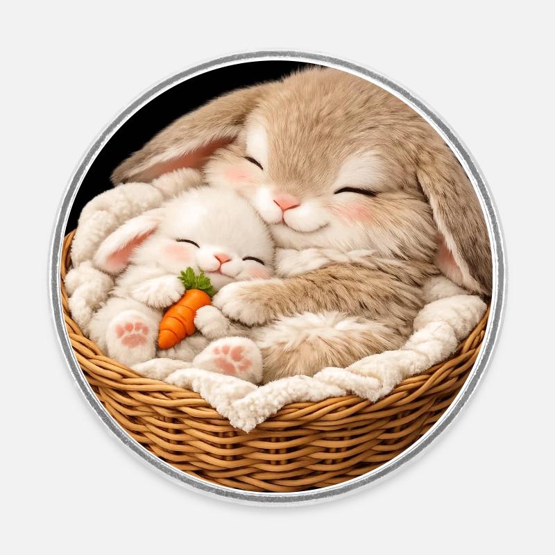 Maman lapin dort avec son bébé - Magnet rond - blanc