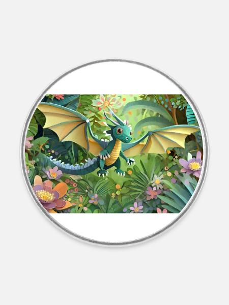 Drache im Urwald - Runder Kühlschrankmagnet - Weiß