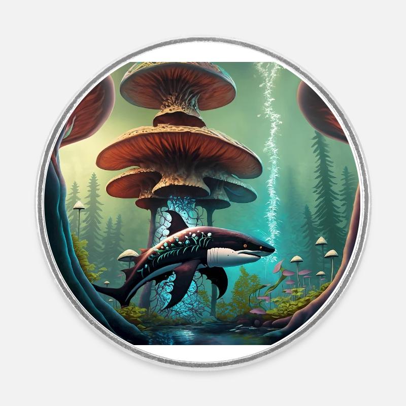 Requin orque dans la forêt de champignons - Magnet rond - blanc