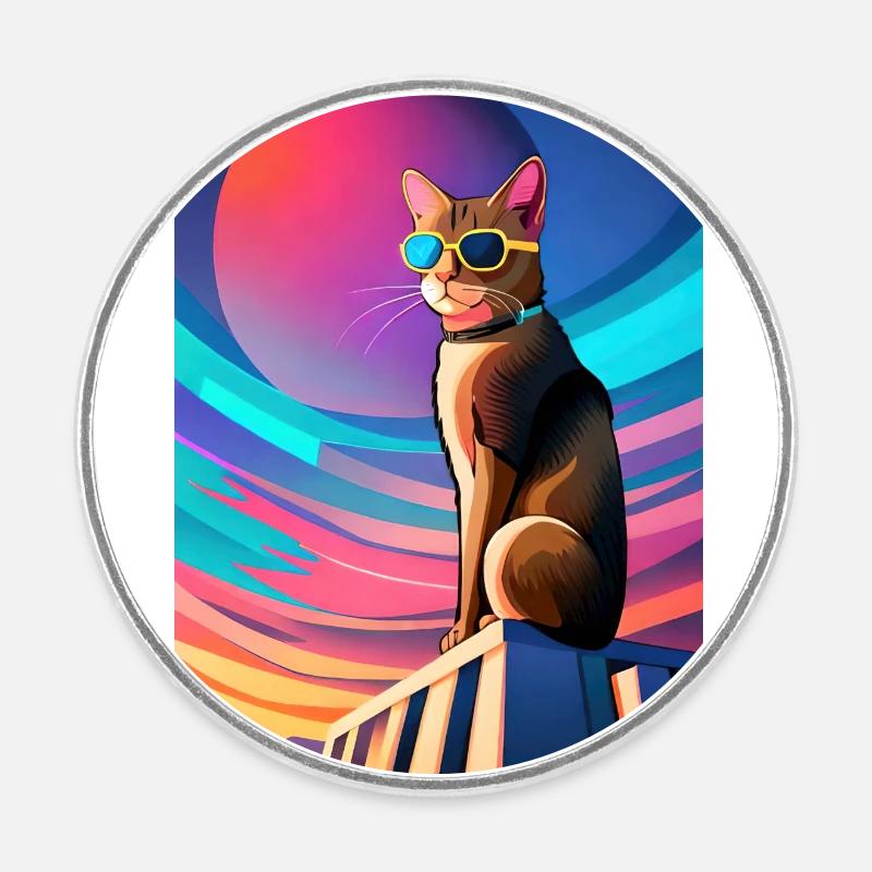 Synthwave Cat - Magnet rond - blanc
