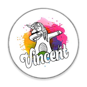 VINCENT - Schöner Jungen Name mit Coolem Einhorn - Runder Kühlschrankmagnet - Weiß - Vorne