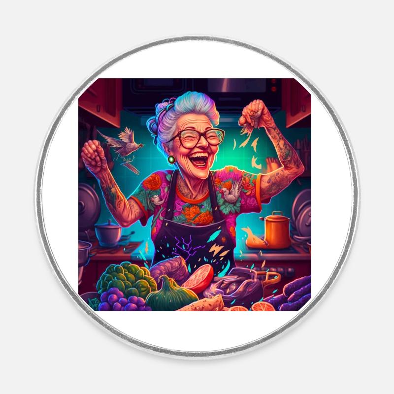 Grand-mère avec des tatouages en train de cuisiner - Magnet rond - blanc
