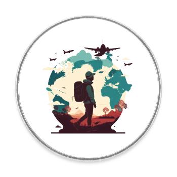 L’envie de voyager, les avions dans le ciel et les randonneurs - Magnet rond - blanc - Devant