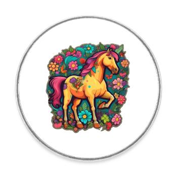 Niedliches Pferd in buntem Cartoon-Blumenmeer - Runder Kühlschrankmagnet - Weiß - Vorne