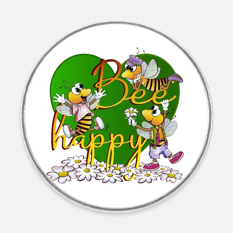 bee happy - Round fridge magnet - white
