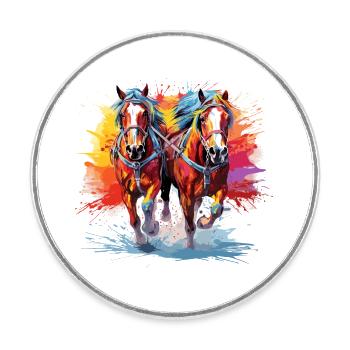 Draught horses, carriage - Round  fridge magnet - white - Front