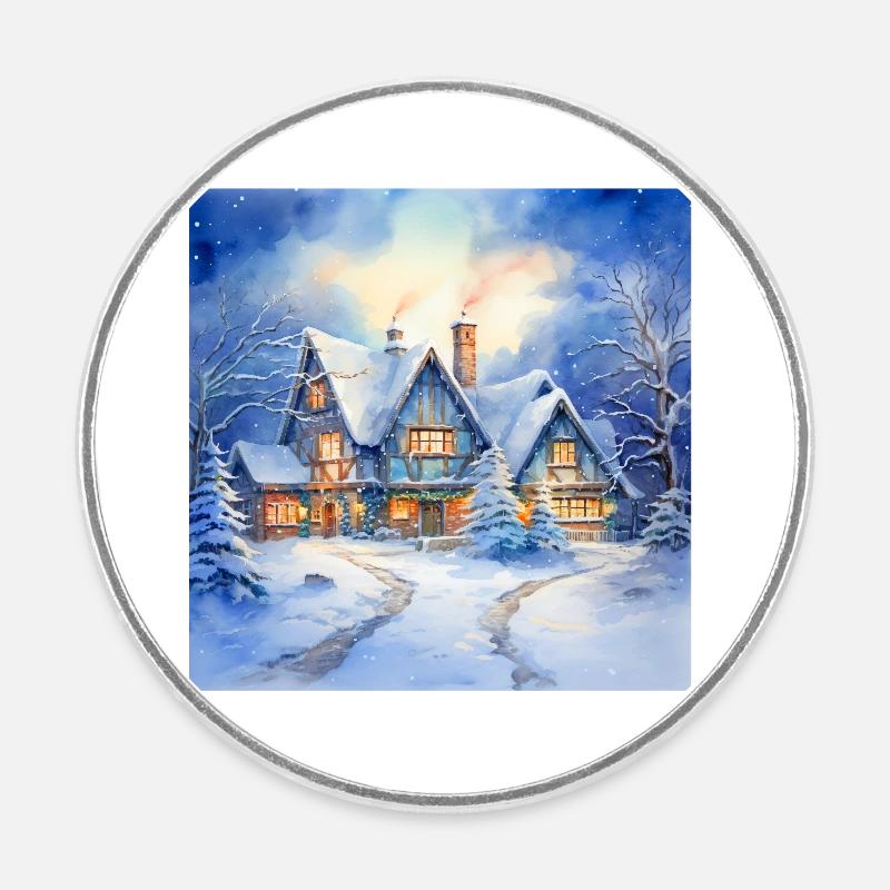 Snowy house - Round  fridge magnet - white