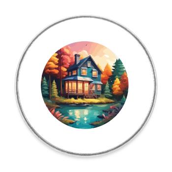 Lakeside House / Cabin / Lake / Mountains / Nature /Forest - Round  fridge magnet - white - Front