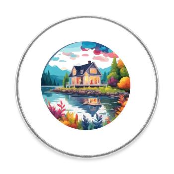 Lakeside House / Cabin / Lake / Mountains / Nature /Forest - Round  fridge magnet - white - Front