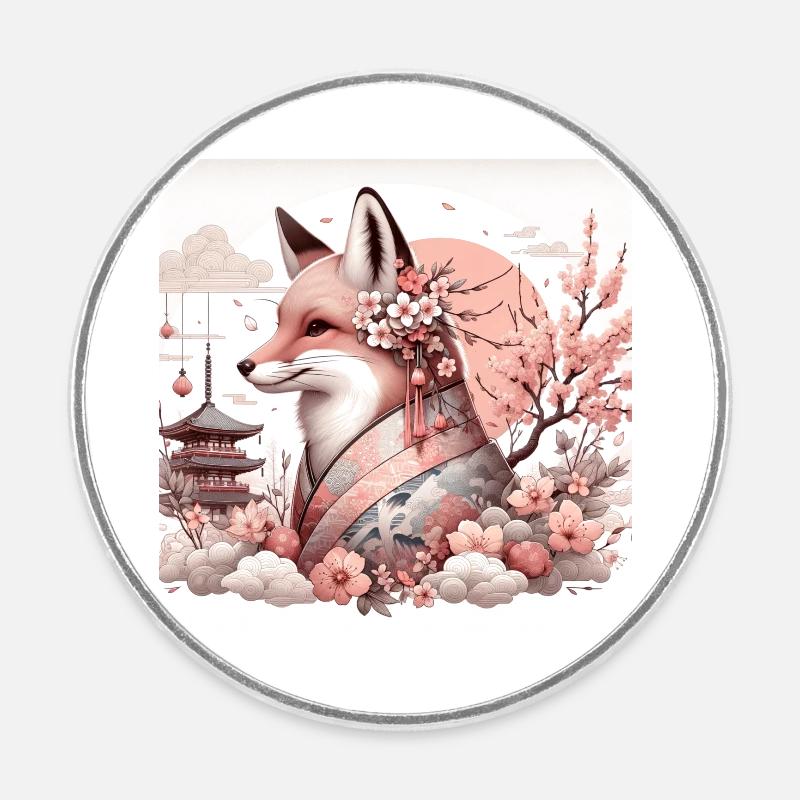 Japanese-style stylized fox - Round  fridge magnet - white