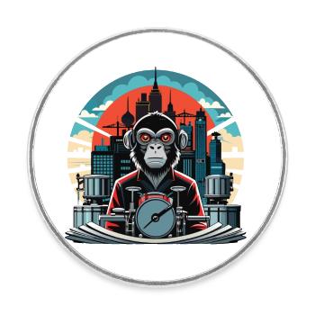 Retro-Industrie Groove: Der Affe am Schlagzeug - Runder Kühlschrankmagnet - Weiß - Vorne