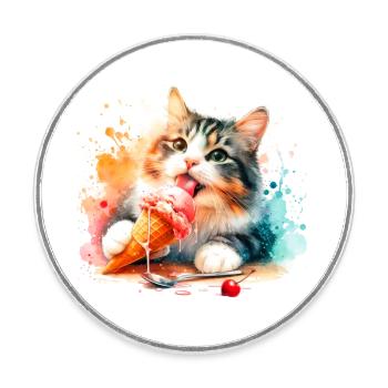 Chaton mangeant de la crème glacée - Magnet rond - blanc - Devant