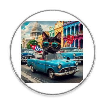 Chat en tournée - J’adore Cuba ! -La Havane - Magnet rond - blanc - Devant