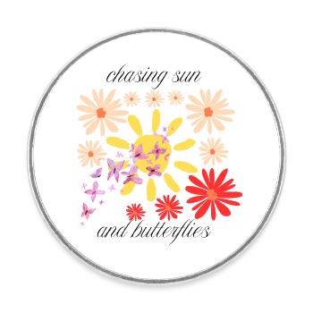 Boho Blumen Sonne Schmetterlinge - Runder Kühlschrankmagnet - Weiß - Vorne