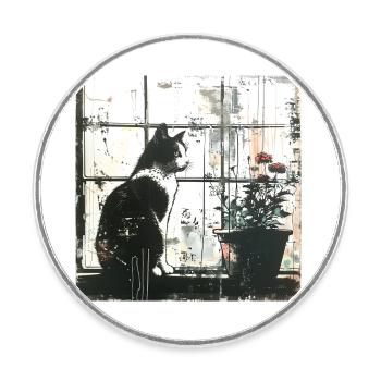 Graffiti Cat Flowerpot Window Street Art bw - Round  fridge magnet - white - Front