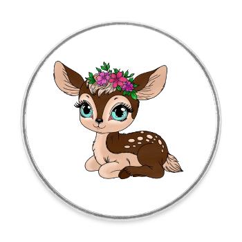 Petit cerf avec des fleurs sur la tête - Magnet rond - blanc - Devant