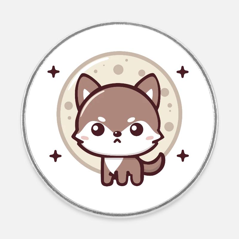 Moonlight Spirit: Chibi Wolf with Moon - Round  fridge magnet - white