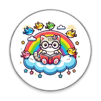 Cat reading a book on a cloud - Round  fridge magnet - white - Front