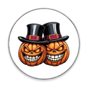 Zwei grinsende Halloweenkürbisse mit Zylinder - Runder Kühlschrankmagnet - Weiß - Vorne