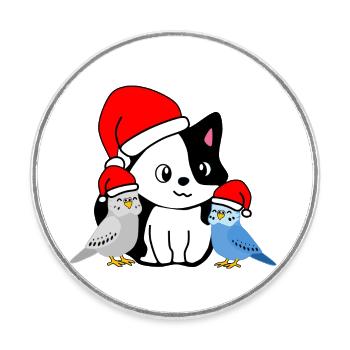 Noël - Amis des animaux festifs - chat et perruches - Magnet rond - blanc - Devant