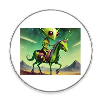 mignon petit extraterrestre vintage vert chevauchant un cheval - Magnet rond - blanc - Devant