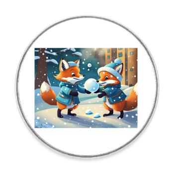 mignon petit renard démon vie quotidienne - jouer à la neige - Magnet rond - blanc - Devant