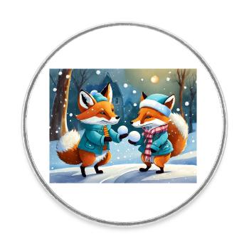 mignon petit renard démon vie quotidienne - jouer à la neige - Magnet rond - blanc - Devant