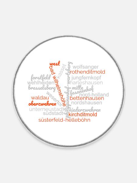 Wordcloud Kassel mit Stadtteilen - Runder Kühlschrankmagnet - Weiß
