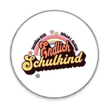 Endlich Schulkind - Fröhlicher Retro Regenbogen - Runder Kühlschrankmagnet - Weiß - Vorne