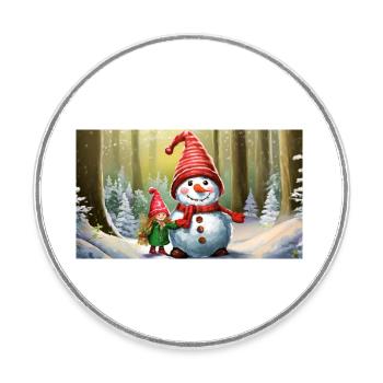 mignons petits gnomes vie quotidienne construction bonhomme de neige - Magnet rond - blanc - Devant