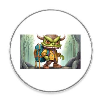 Monstre vert avec des cornes - jeune mignon petit - Magnet rond - blanc - Devant