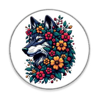 Wolf With Flowers Colorful Animal Motif Gray Wolf Flowers - Round  fridge magnet - white - Front