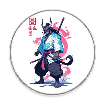 Samouraï Oni Yokai Esthétique Style Vaporwave - Magnet rond - blanc - Devant