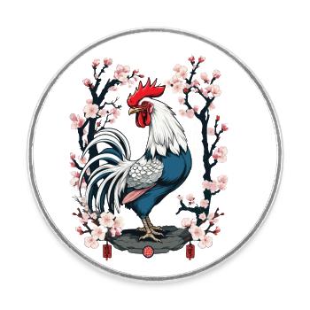 Asian Rooster Cherry Blossoms Aesthetic Design - Round  fridge magnet - white - Front