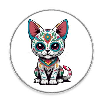 Iconic Sugar Skull Mexico Cat Design - Round  fridge magnet - white - Front