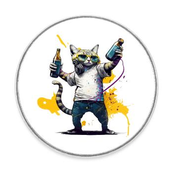 Coole Katze mit Kopfhöhrern und Bier - Runder Kühlschrankmagnet - Weiß - Vorne
