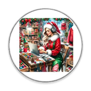 Beau lutin avec le Père Noël dans son atelier - Magnet rond - blanc - Devant