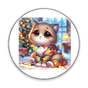 Cute Christmas Cat - Fairy Lights Chaos in the - Round  fridge magnet - white - Front