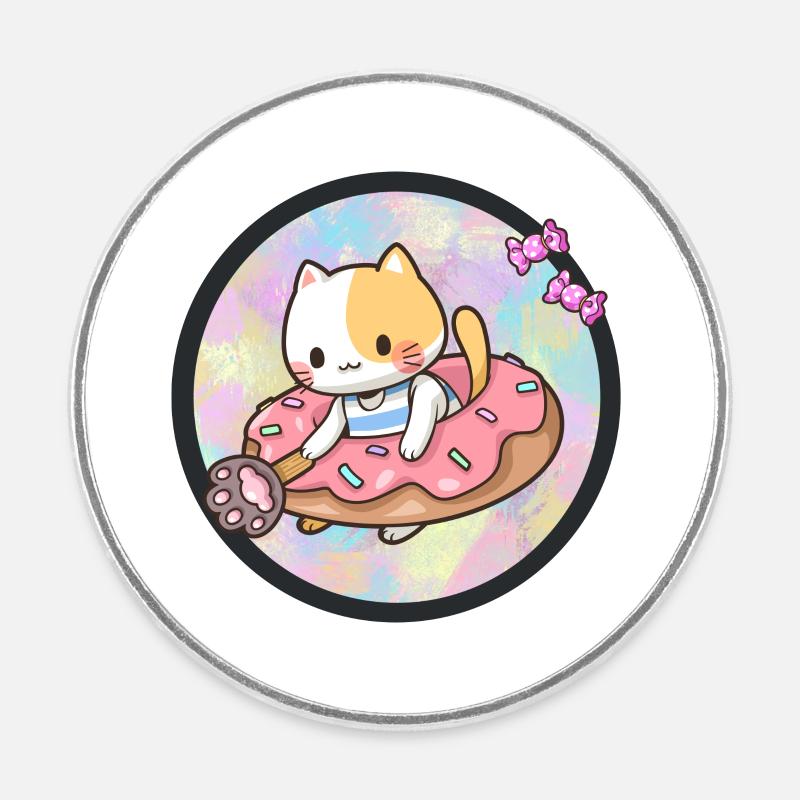 Kawaii cat with donut and sweets - Round fridge magnet - white