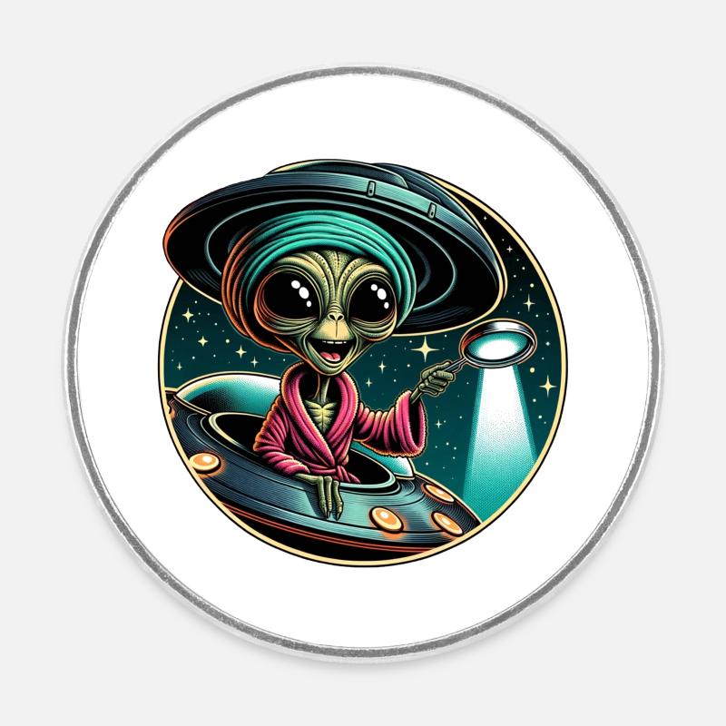 Alien detective in UFO light - Round  fridge magnet - white