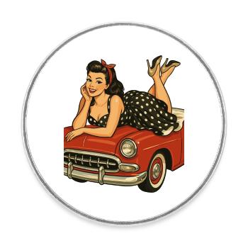 Rockabilly Pin-Up auf Oldtimer im Retro-Stil - Runder Kühlschrankmagnet - Weiß - Vorne