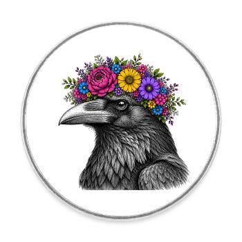 Tête de corbeau avec couronne de fleurs - Magnet rond - blanc - Devant