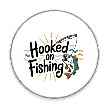 Hooked on Fishing – Lustiges Angel-Motiv - Runder Kühlschrankmagnet - Weiß - Vorne