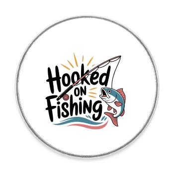 Hooked on Fishing – Lustiges Angel-Motiv - Runder Kühlschrankmagnet - Weiß - Vorne