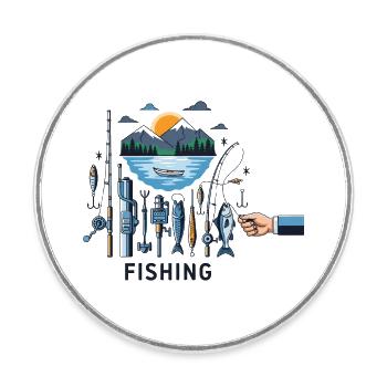 Fishing Paradise: Vintage Illustration with Mountain Lake - Round  fridge magnet - white - Front
