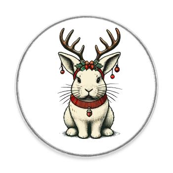 Lapin de Noël avec bois et cloches - Magnet rond - blanc - Devant